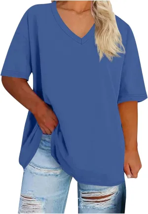 Plus Size Tops for Women Summer Trendy V-Neck Short Sleeve Shirts Oversized Casual Basic Loose Fit Tunic Tops