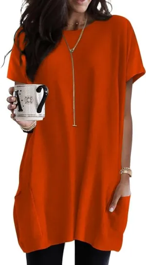 Poetsky Summer Womens Tunic Tops for Leggings with Pockets Short Sleeve Casual Long T Shirts