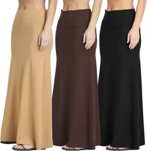 Real Essentials 3 Pack: Women's Ultra-Soft Flowy Maxi High Waisted Long Skirts (Available in Plus Size)