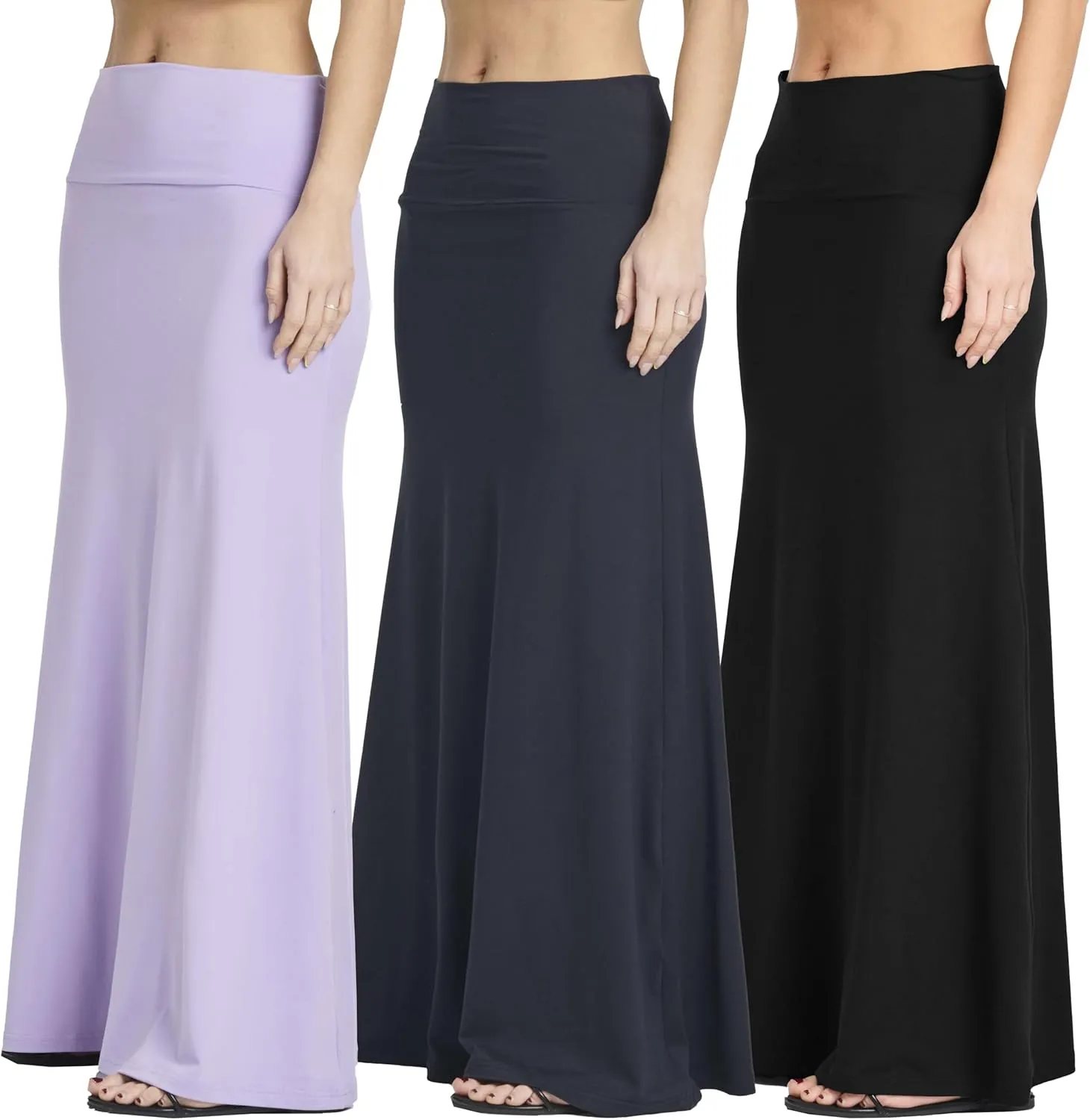 Real Essentials 3 Pack: Women's Ultra-Soft Flowy Maxi High Waisted Long Skirts (Available in Plus Size)