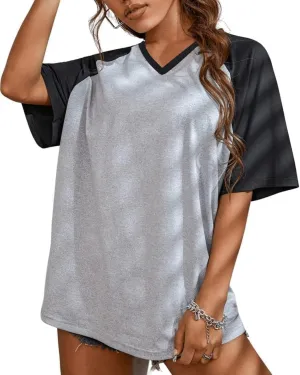 Remidoo Womens Short Sleeve Oversized T Shirt Color Block V Neck Casual Tee Tops