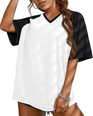 Remidoo Womens Short Sleeve Oversized T Shirt Color Block V Neck Casual Tee Tops