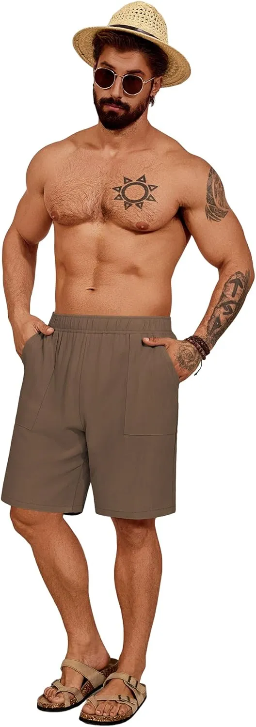 Riyiper 2 Pack Men's Big and Tall Linen Shorts, Drawstring Casual Shorts with Pockets Elastic Waist Beach Summer Shorts