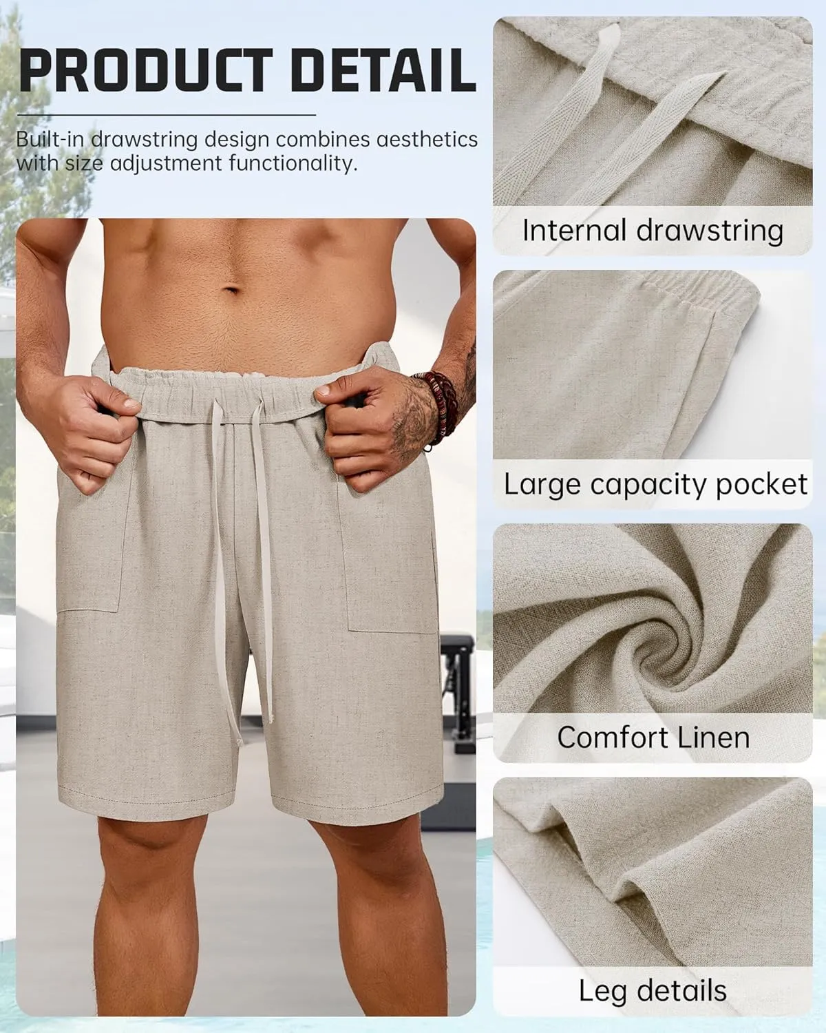 Riyiper 2 Pack Men's Big and Tall Linen Shorts, Drawstring Casual Shorts with Pockets Elastic Waist Beach Summer Shorts
