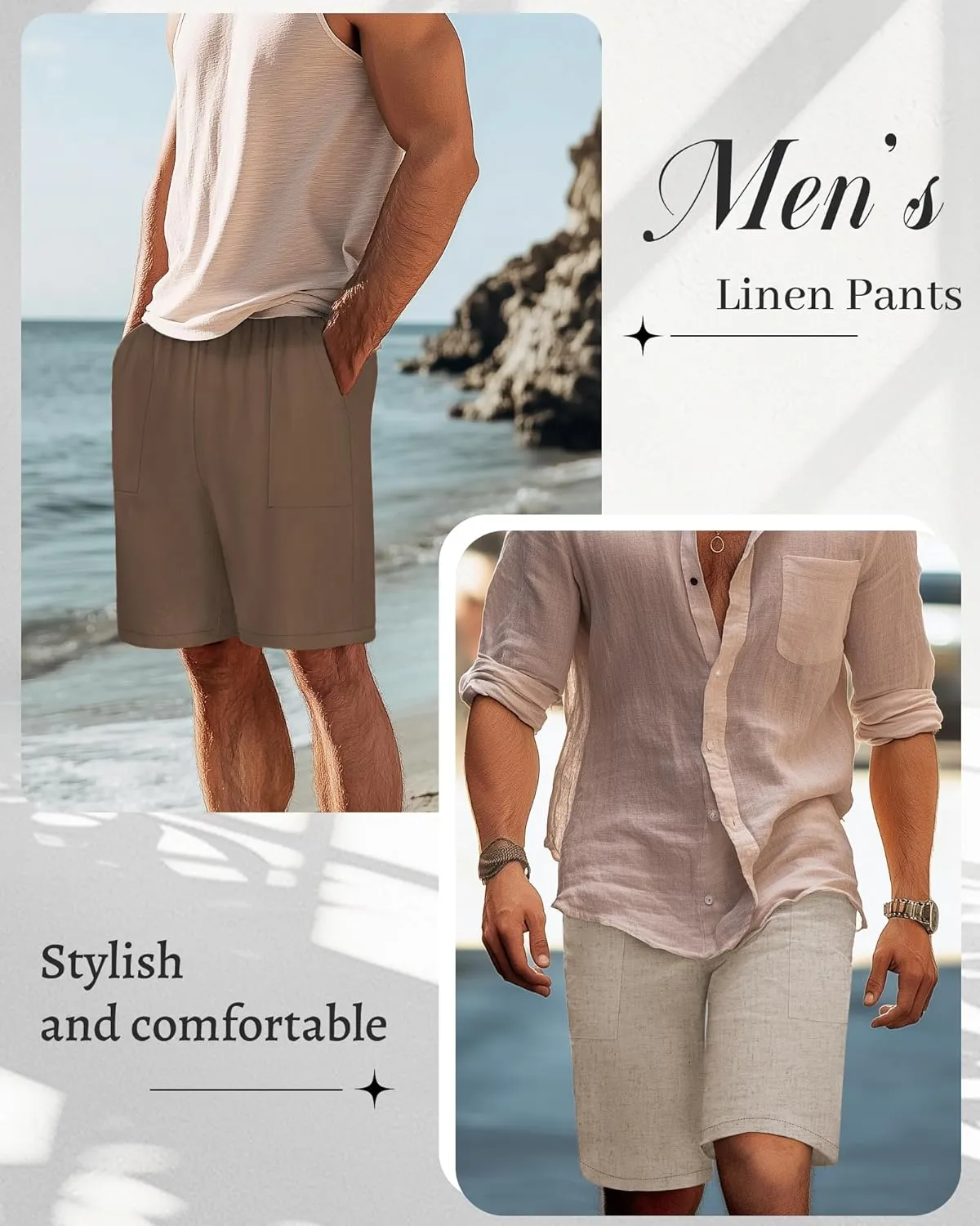 Riyiper 2 Pack Men's Big and Tall Linen Shorts, Drawstring Casual Shorts with Pockets Elastic Waist Beach Summer Shorts