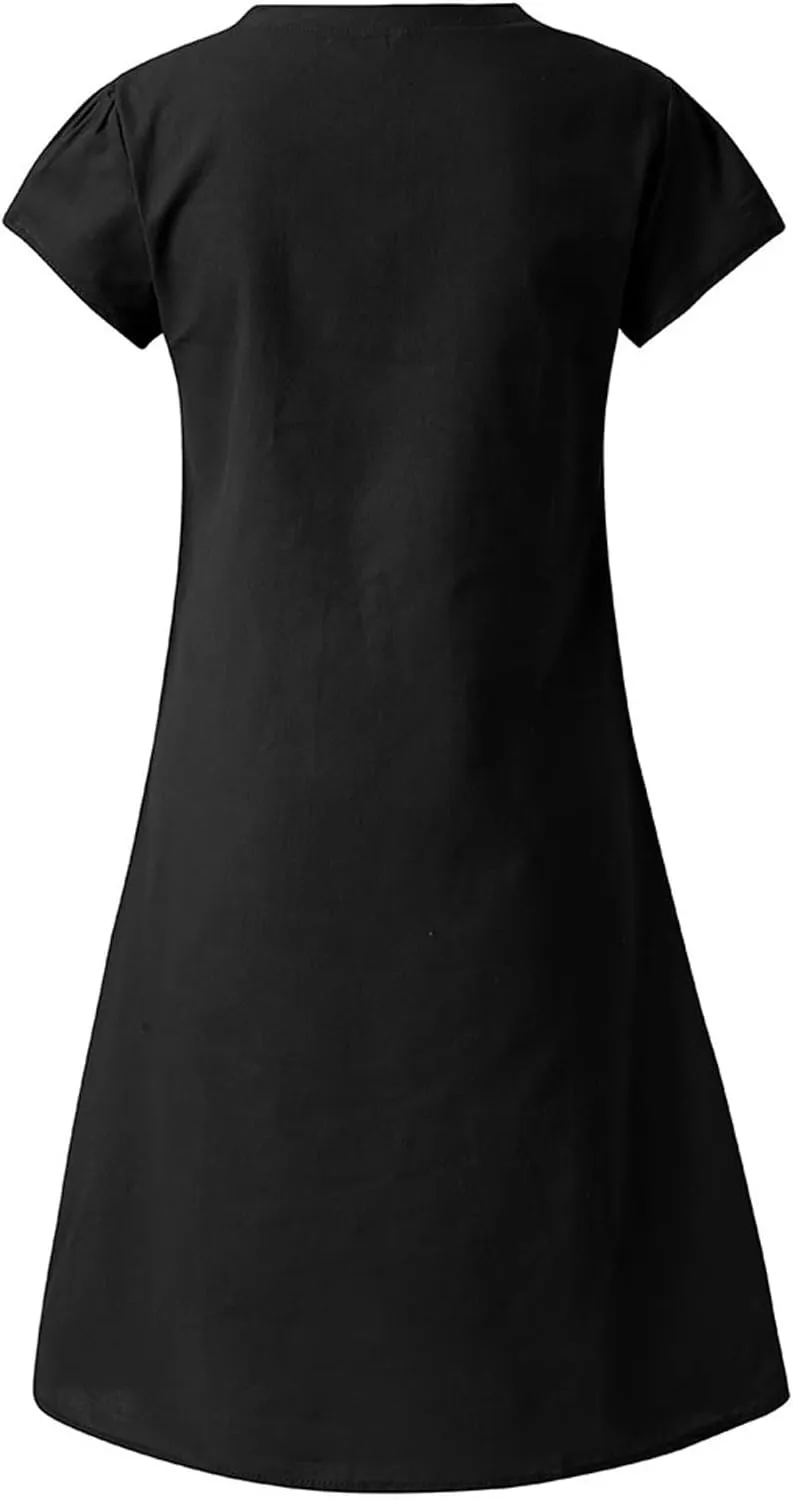 Shirt Dresses for Women Cap Sleeved Vintage Cotton Linen Long Dress Loose Fit Crewneck Casual Summer Dress Pockets