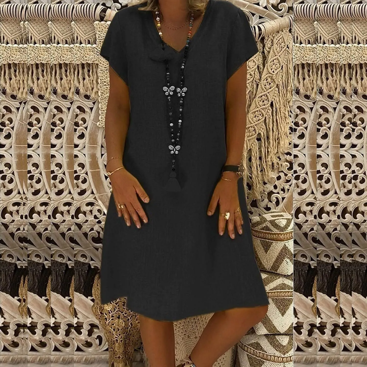 Shirt Dresses for Women Cap Sleeved Vintage Cotton Linen Long Dress Loose Fit Crewneck Casual Summer Dress Pockets