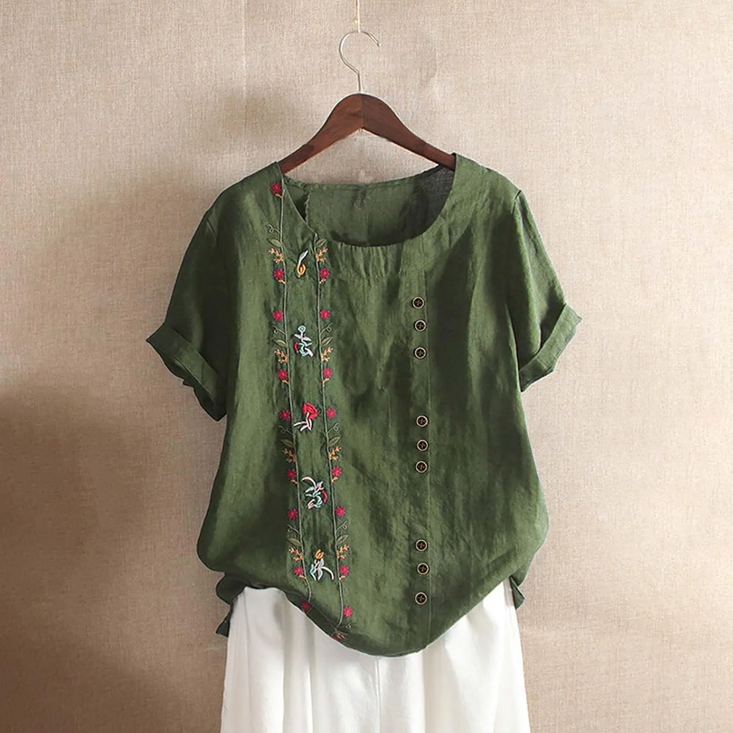 Shirts for Women Graphic Tees Cotton Linen Plus Size Tops Short Sleeve Button Down Blouses Summer Casual Shirts 2025