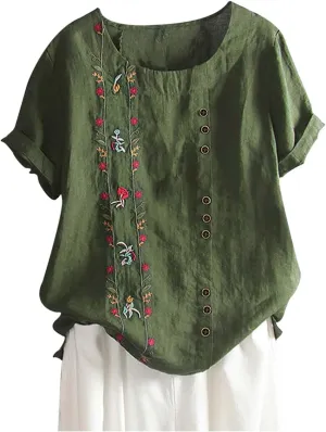Shirts for Women Graphic Tees Cotton Linen Plus Size Tops Short Sleeve Button Down Blouses Summer Casual Shirts 2025