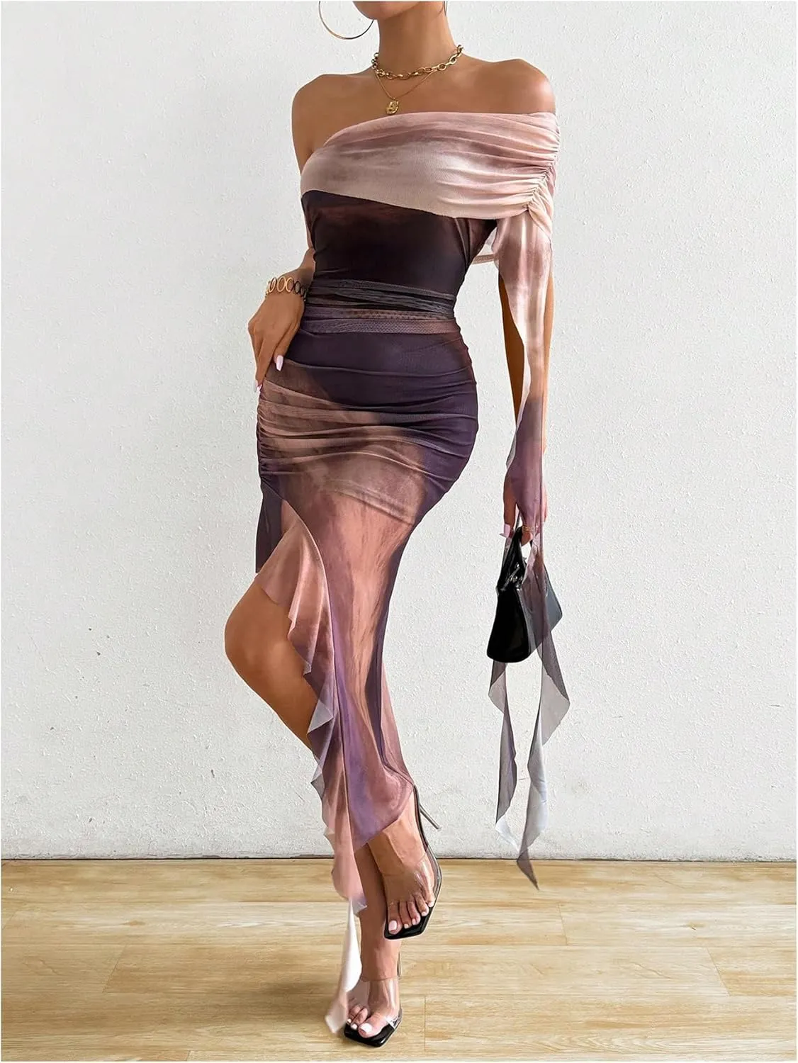 SOLY HUX Women's Tie Dye Mesh Irregular Ruffle Trim Bodycon Dress One Shoulder Short Sleeve Midi Dresses