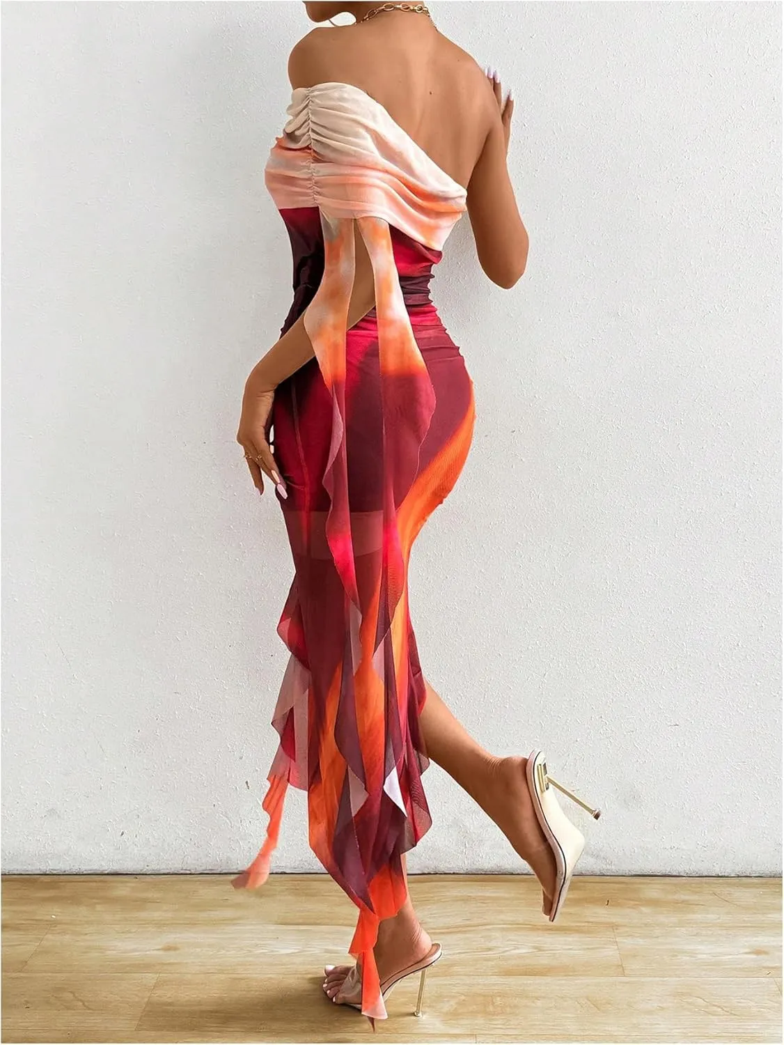 SOLY HUX Women's Tie Dye Mesh Irregular Ruffle Trim Bodycon Dress One Shoulder Short Sleeve Midi Dresses