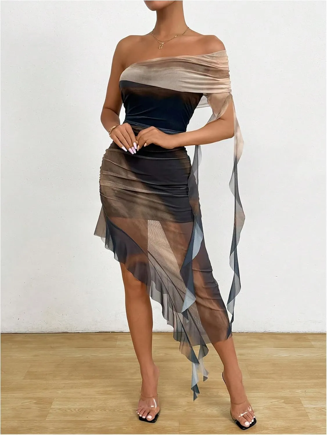SOLY HUX Women's Tie Dye Mesh Irregular Ruffle Trim Bodycon Dress One Shoulder Short Sleeve Midi Dresses