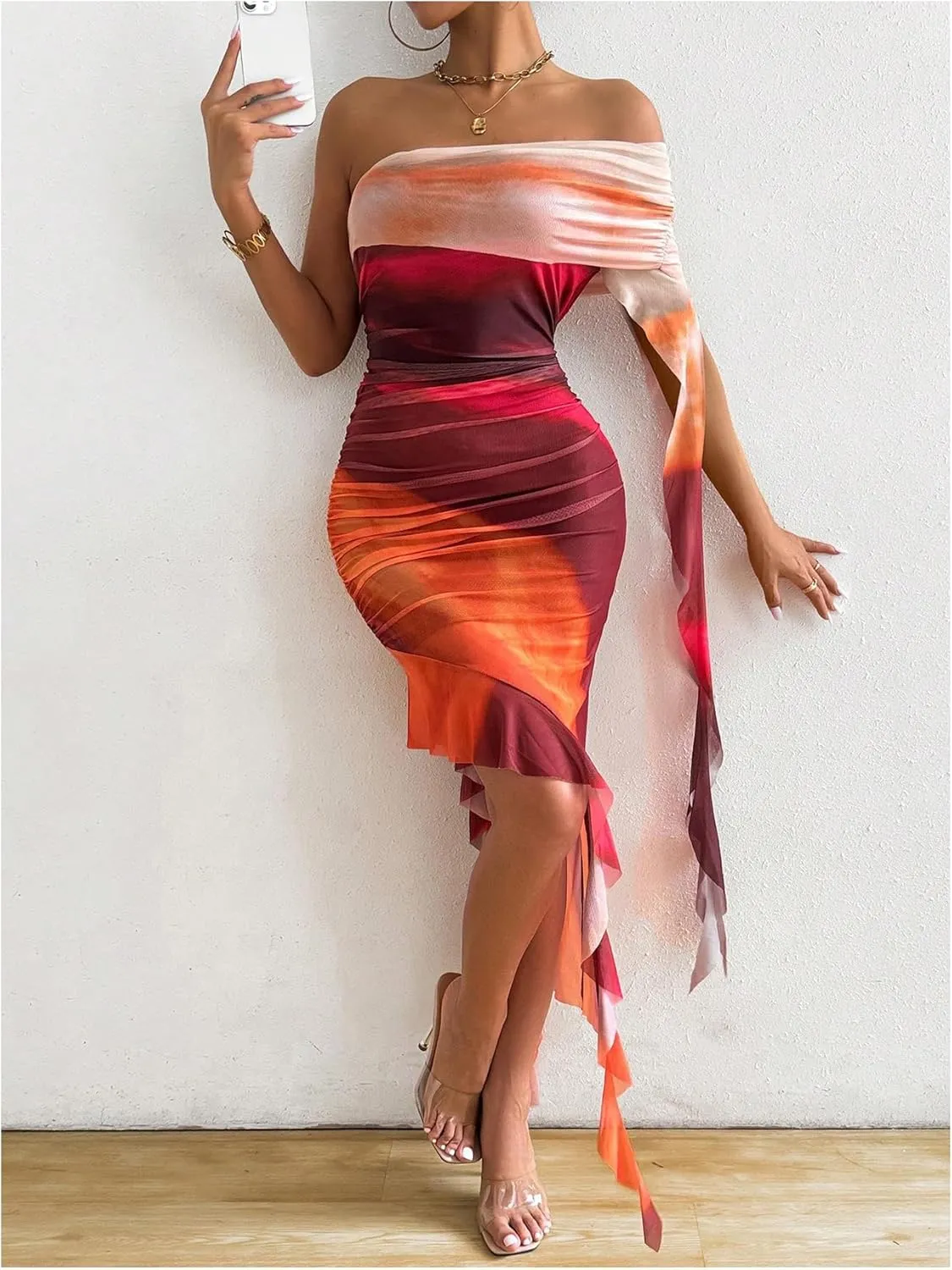 SOLY HUX Women's Tie Dye Mesh Irregular Ruffle Trim Bodycon Dress One Shoulder Short Sleeve Midi Dresses