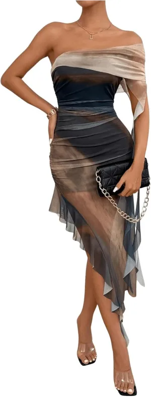 SOLY HUX Women's Tie Dye Mesh Irregular Ruffle Trim Bodycon Dress One Shoulder Short Sleeve Midi Dresses