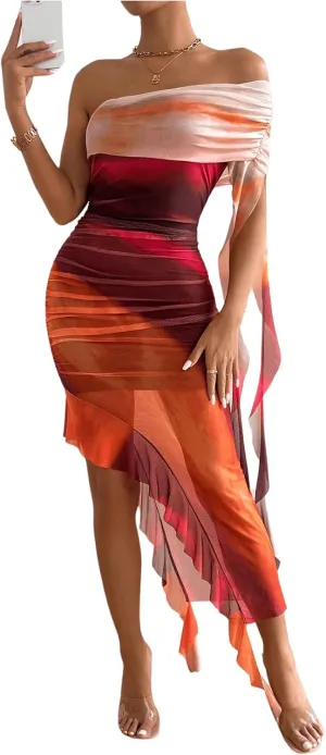 SOLY HUX Women's Tie Dye Mesh Irregular Ruffle Trim Bodycon Dress One Shoulder Short Sleeve Midi Dresses
