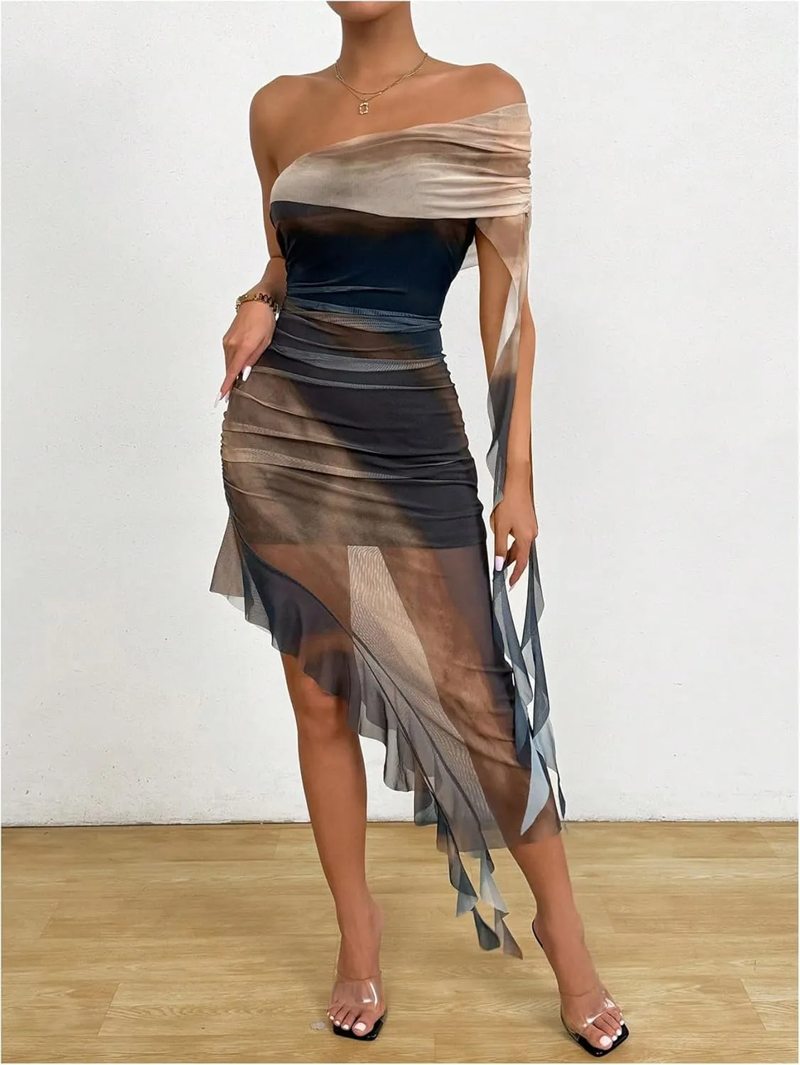 SOLY HUX Women's Tie Dye Mesh Irregular Ruffle Trim Bodycon Dress One Shoulder Short Sleeve Midi Dresses
