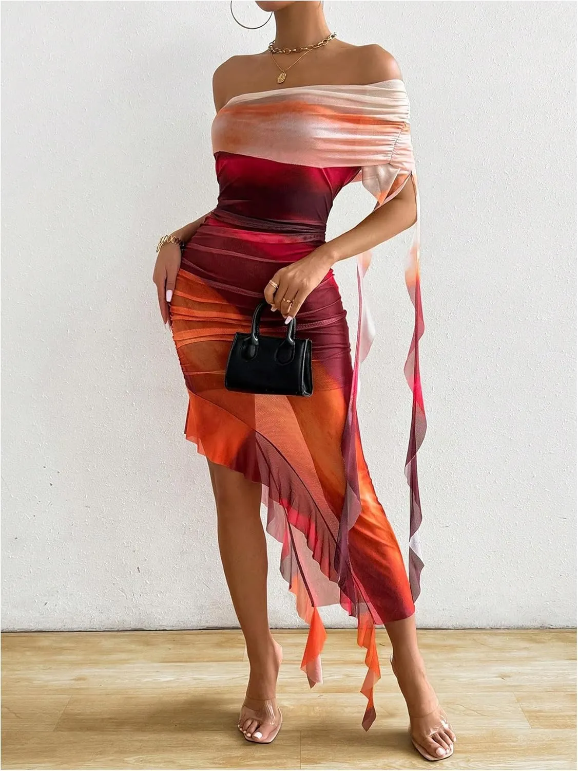 SOLY HUX Women's Tie Dye Mesh Irregular Ruffle Trim Bodycon Dress One Shoulder Short Sleeve Midi Dresses