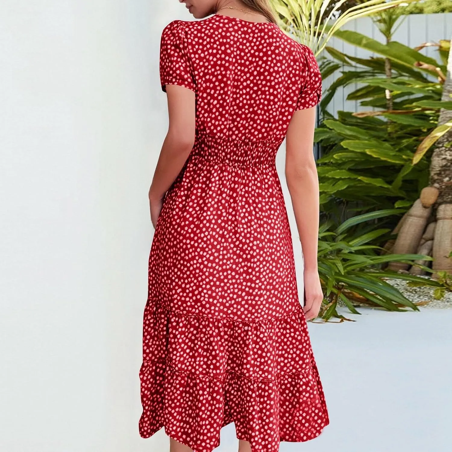 Square Neck Summer Dresses for Women 2025 Polka Dot Short Sleeve Midi Dresses Tiered Flowy Swing Boho Beach Sundress