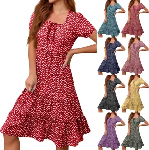Square Neck Summer Dresses for Women 2025 Polka Dot Short Sleeve Midi Dresses Tiered Flowy Swing Boho Beach Sundress
