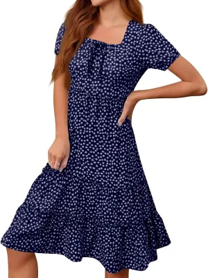Square Neck Summer Dresses for Women 2025 Polka Dot Short Sleeve Midi Dresses Tiered Flowy Swing Boho Beach Sundress