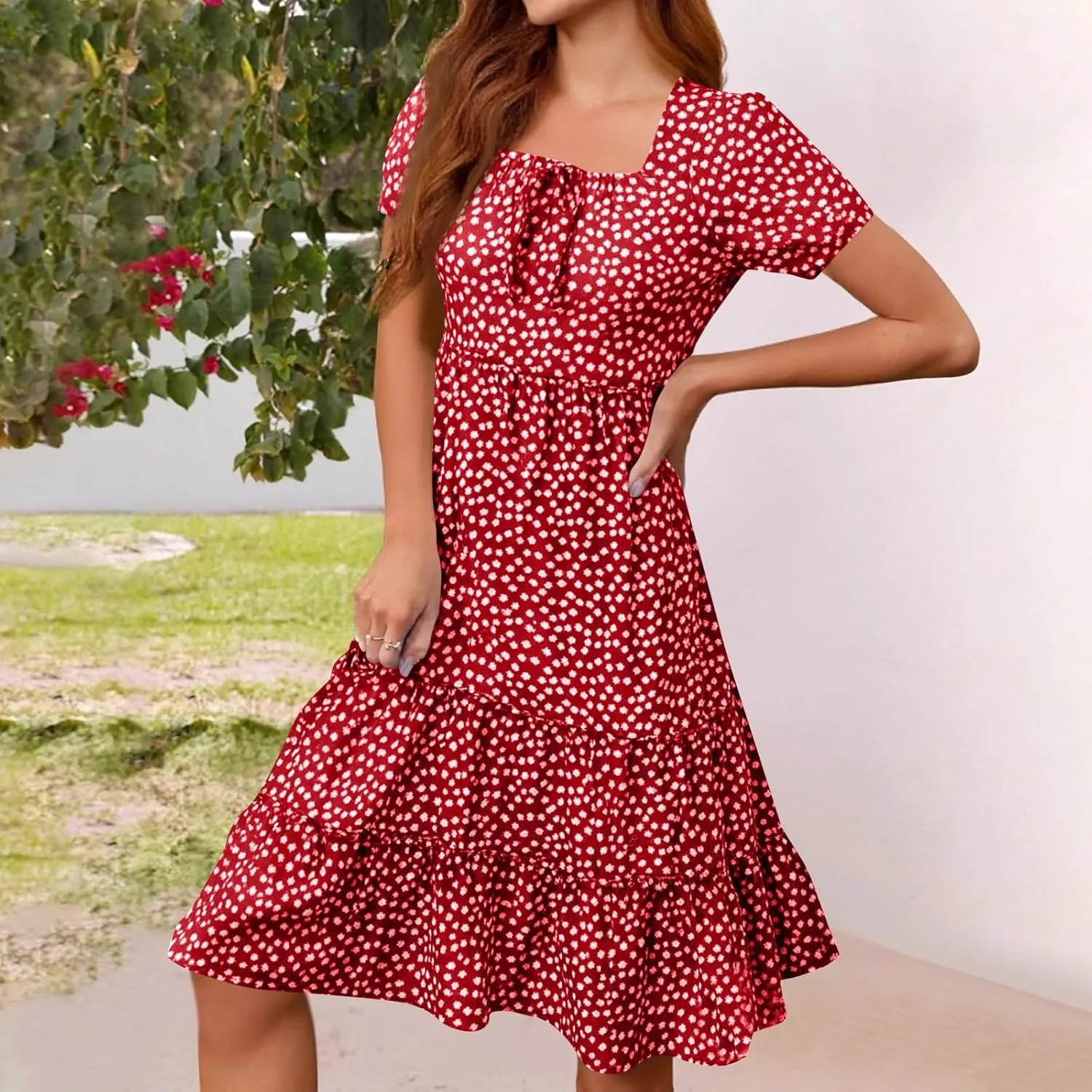 Square Neck Summer Dresses for Women 2025 Polka Dot Short Sleeve Midi Dresses Tiered Flowy Swing Boho Beach Sundress