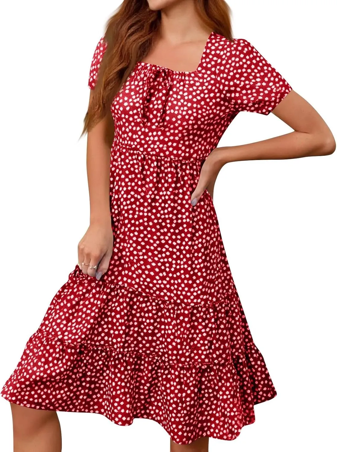 Square Neck Summer Dresses for Women 2025 Polka Dot Short Sleeve Midi Dresses Tiered Flowy Swing Boho Beach Sundress