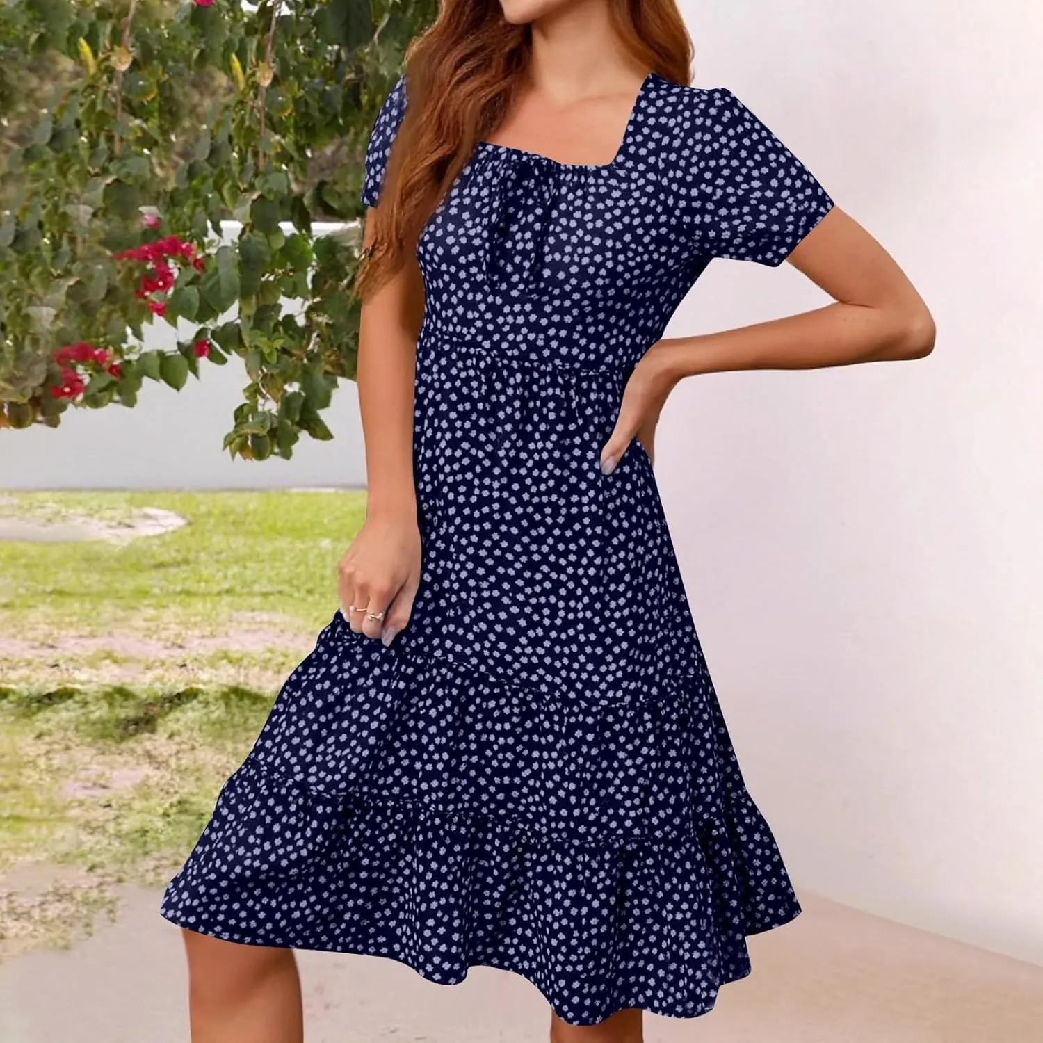 Square Neck Summer Dresses for Women 2025 Polka Dot Short Sleeve Midi Dresses Tiered Flowy Swing Boho Beach Sundress
