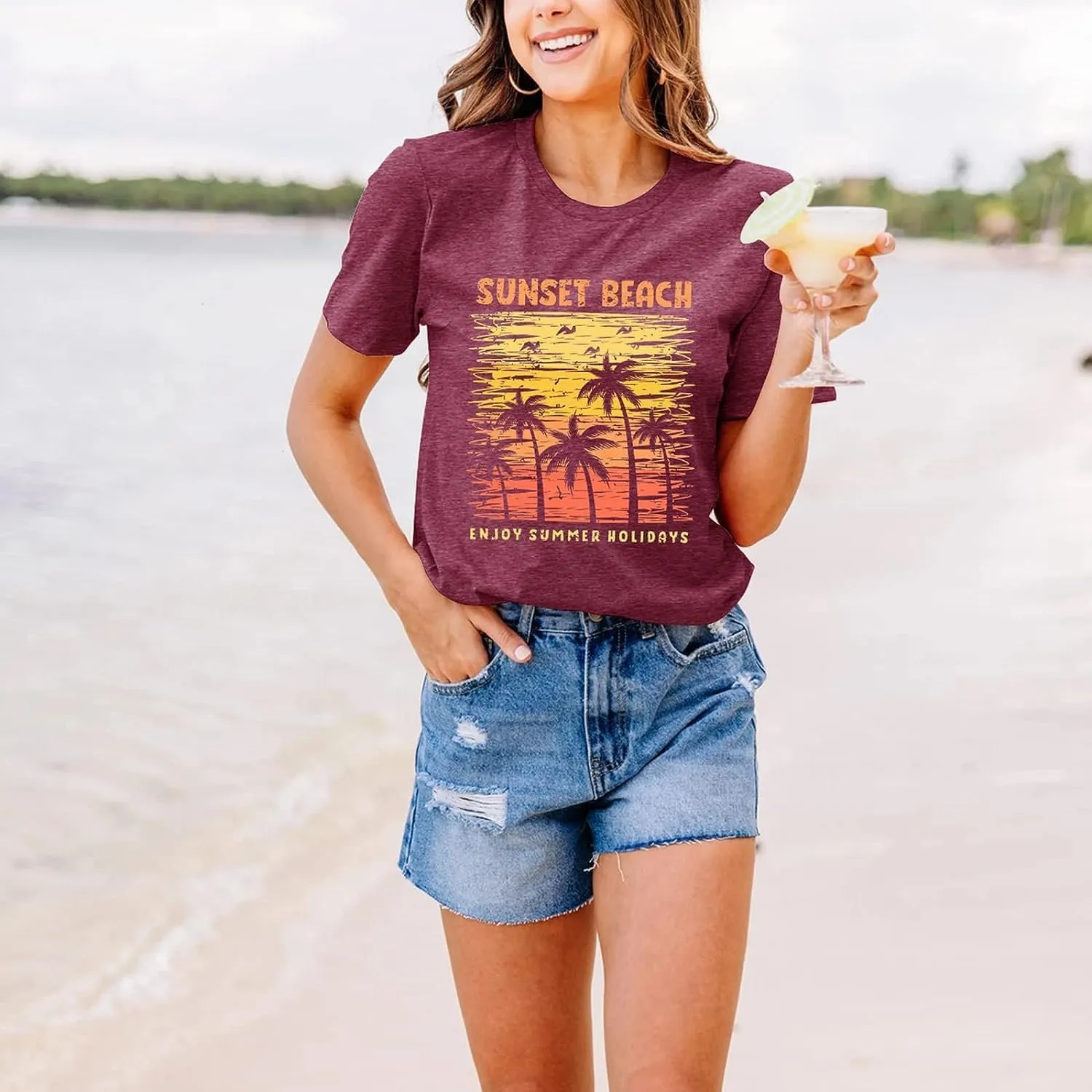 Summer Beach Graphic Tee Shirt Women Short Sleeve Cute Loose Casual Vocation Tee Tops