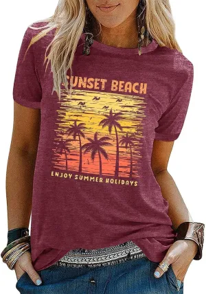 Summer Beach Graphic Tee Shirt Women Short Sleeve Cute Loose Casual Vocation Tee Tops