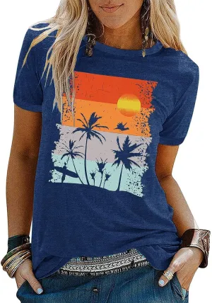 Summer Beach Graphic Tee Shirt Women Short Sleeve Cute Loose Casual Vocation Tee Tops