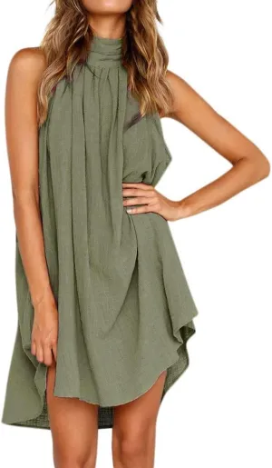 Summer Cotton Linen Dress for Women Trendy Sleeveless Ruched T Shirts Dress Loose Fit A-Line Beach Sexy Sundress