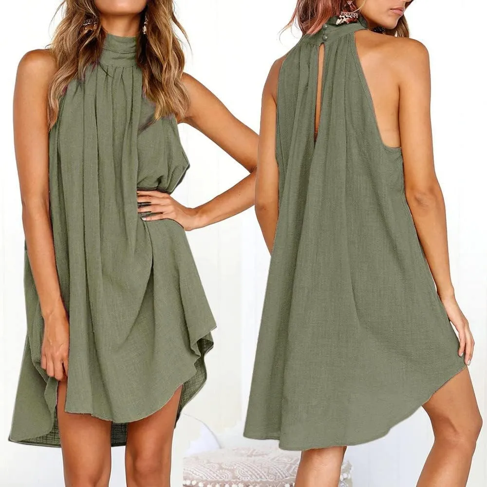 Summer Cotton Linen Dress for Women Trendy Sleeveless Ruched T Shirts Dress Loose Fit A-Line Beach Sexy Sundress