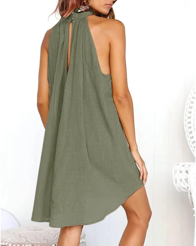 Summer Cotton Linen Dress for Women Trendy Sleeveless Ruched T Shirts Dress Loose Fit A-Line Beach Sexy Sundress