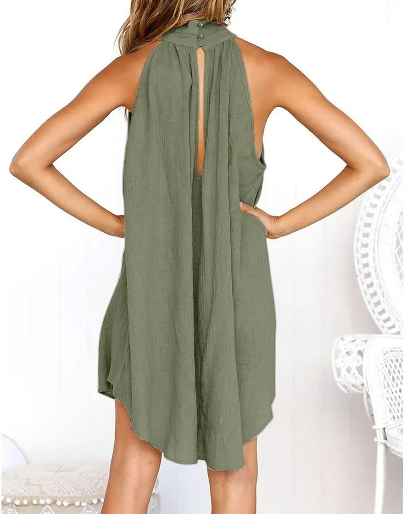 Summer Cotton Linen Dress for Women Trendy Sleeveless Ruched T Shirts Dress Loose Fit A-Line Beach Sexy Sundress