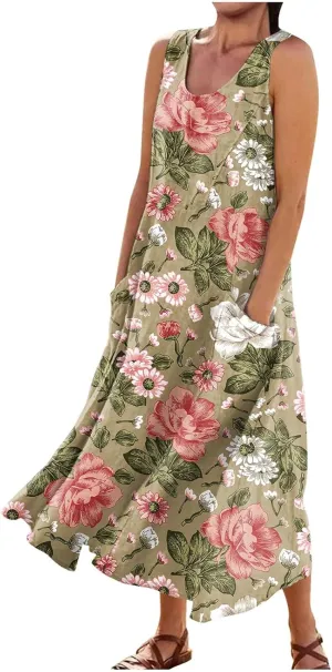 Summer Dresses 2024 Sleeveless Maxi Dress Round Neck Flowy Dress with Two Large Pockets Casual Sundresses for Women
