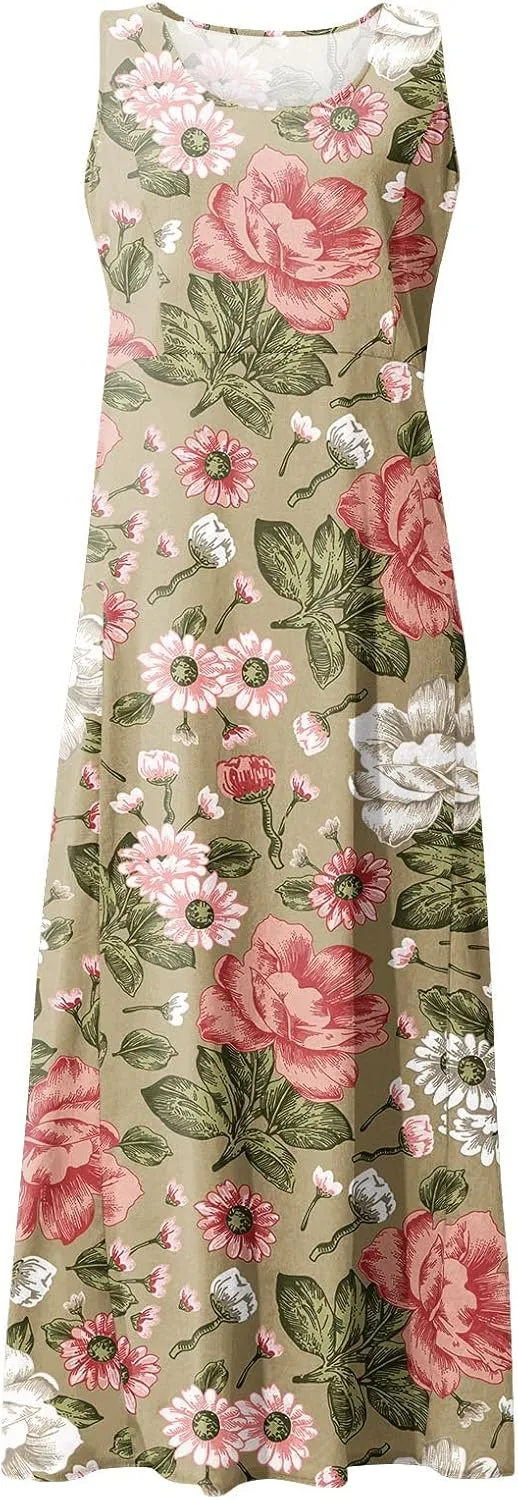 Summer Dresses 2024 Sleeveless Maxi Dress Round Neck Flowy Dress with Two Large Pockets Casual Sundresses for Women
