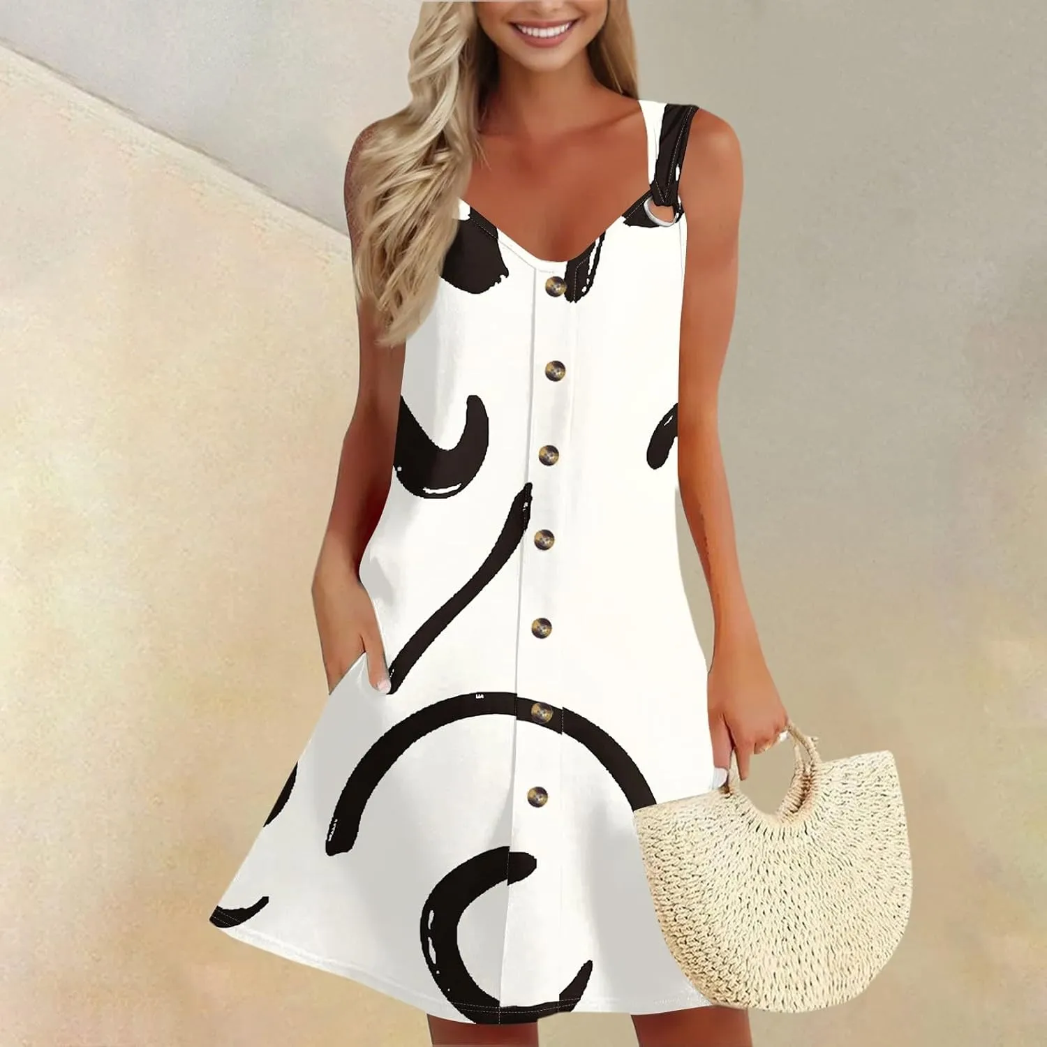 Summer Dresses for Women 2025 Loose Fit Sundress Sleeveless V Neck Beach Vacation Dress Casual Tank Dress with Pockets