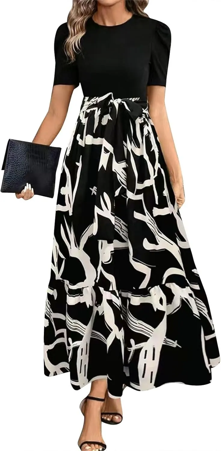 Summer Dresses for Women 2025 Maxi Dress Ruffle Short Sleeve Casual Floral Print Empire Waist Long Flowy Dresses