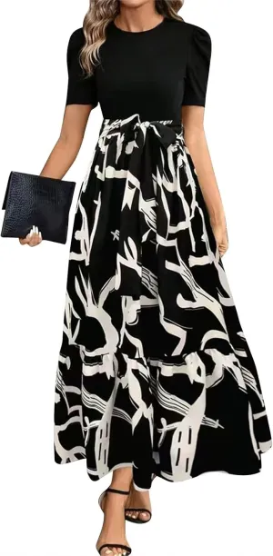 Summer Dresses for Women 2025 Maxi Dress Ruffle Short Sleeve Casual Floral Print Empire Waist Long Flowy Dresses