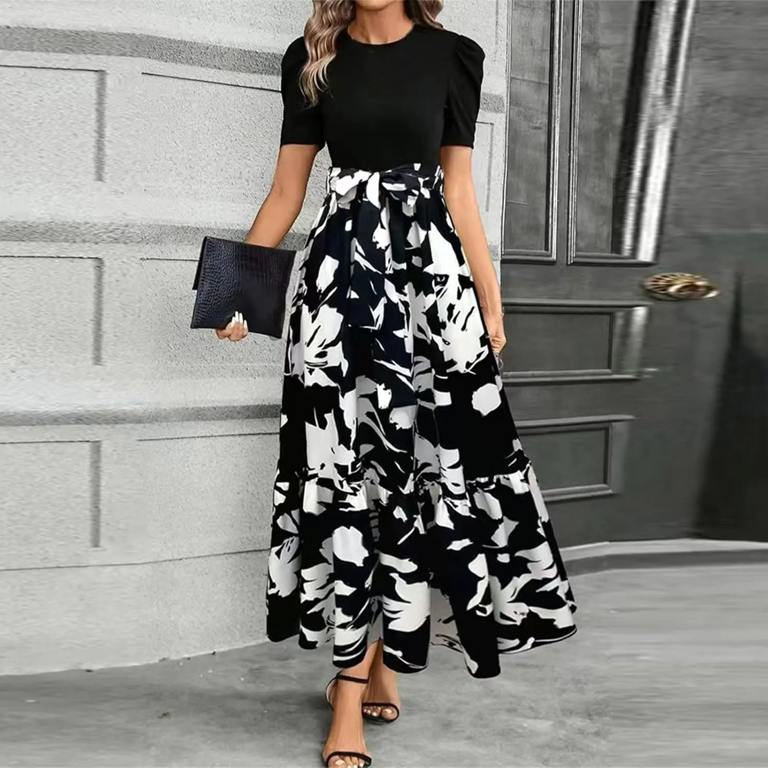 Summer Dresses for Women 2025 Maxi Dress Ruffle Short Sleeve Casual Floral Print Empire Waist Long Flowy Dresses