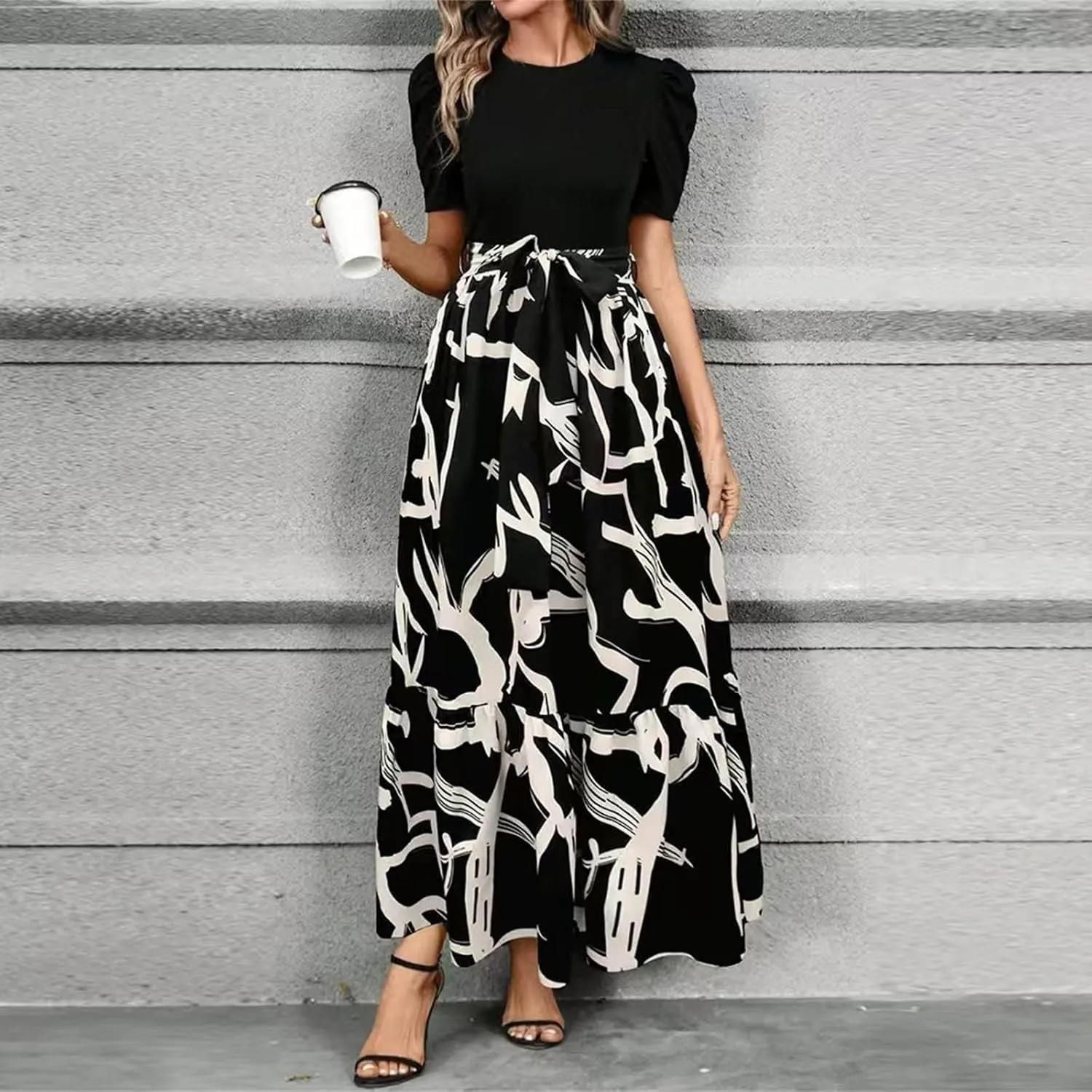 Summer Dresses for Women 2025 Maxi Dress Ruffle Short Sleeve Casual Floral Print Empire Waist Long Flowy Dresses