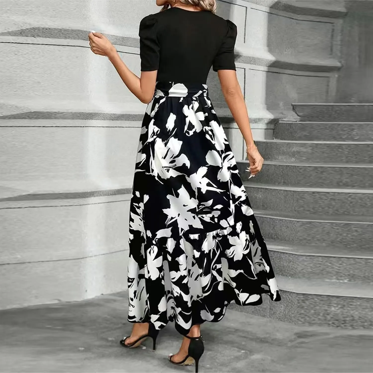 Summer Dresses for Women 2025 Maxi Dress Ruffle Short Sleeve Casual Floral Print Empire Waist Long Flowy Dresses