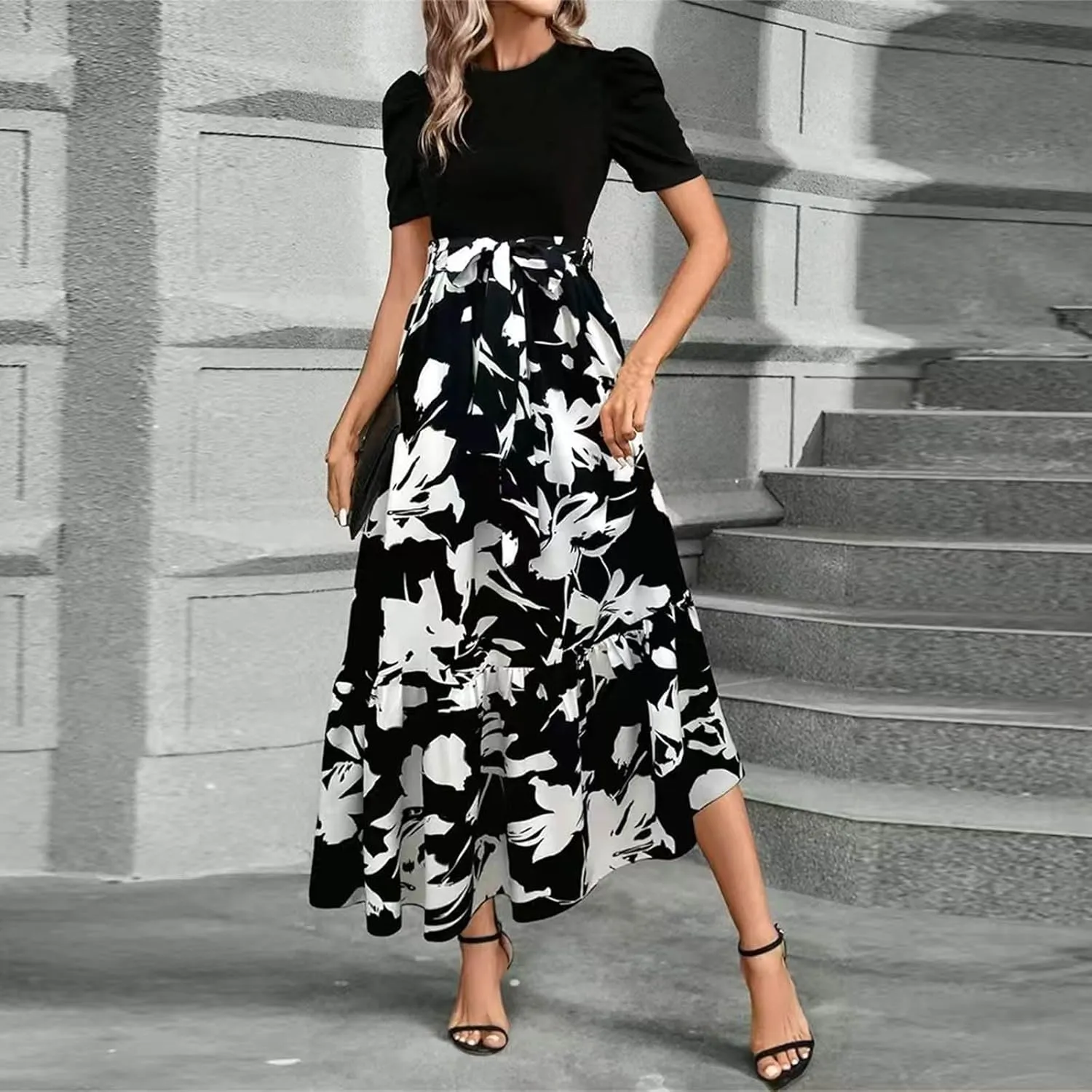 Summer Dresses for Women 2025 Maxi Dress Ruffle Short Sleeve Casual Floral Print Empire Waist Long Flowy Dresses