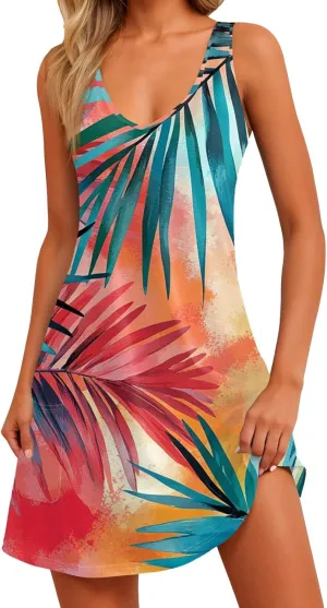 Summer Dresses for Women 2025 Sleeveless Sundress Printed V Neck Tank Dress Loose Fit Beach Vacation Dress with Pockets