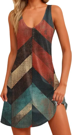Summer Dresses for Women 2025 Sleeveless Sundress Printed V Neck Tank Dress Loose Fit Beach Vacation Dress with Pockets