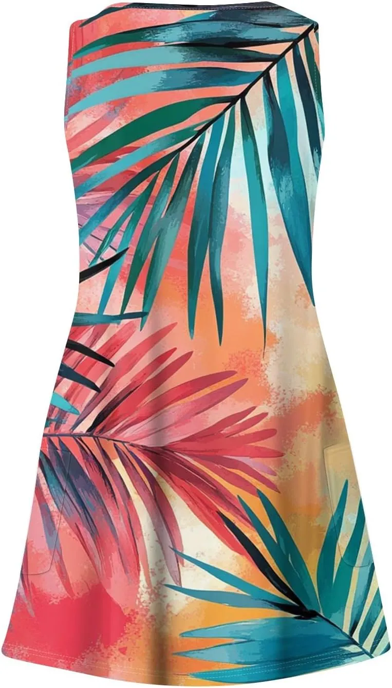 Summer Dresses for Women 2025 Sleeveless Sundress Printed V Neck Tank Dress Loose Fit Beach Vacation Dress with Pockets