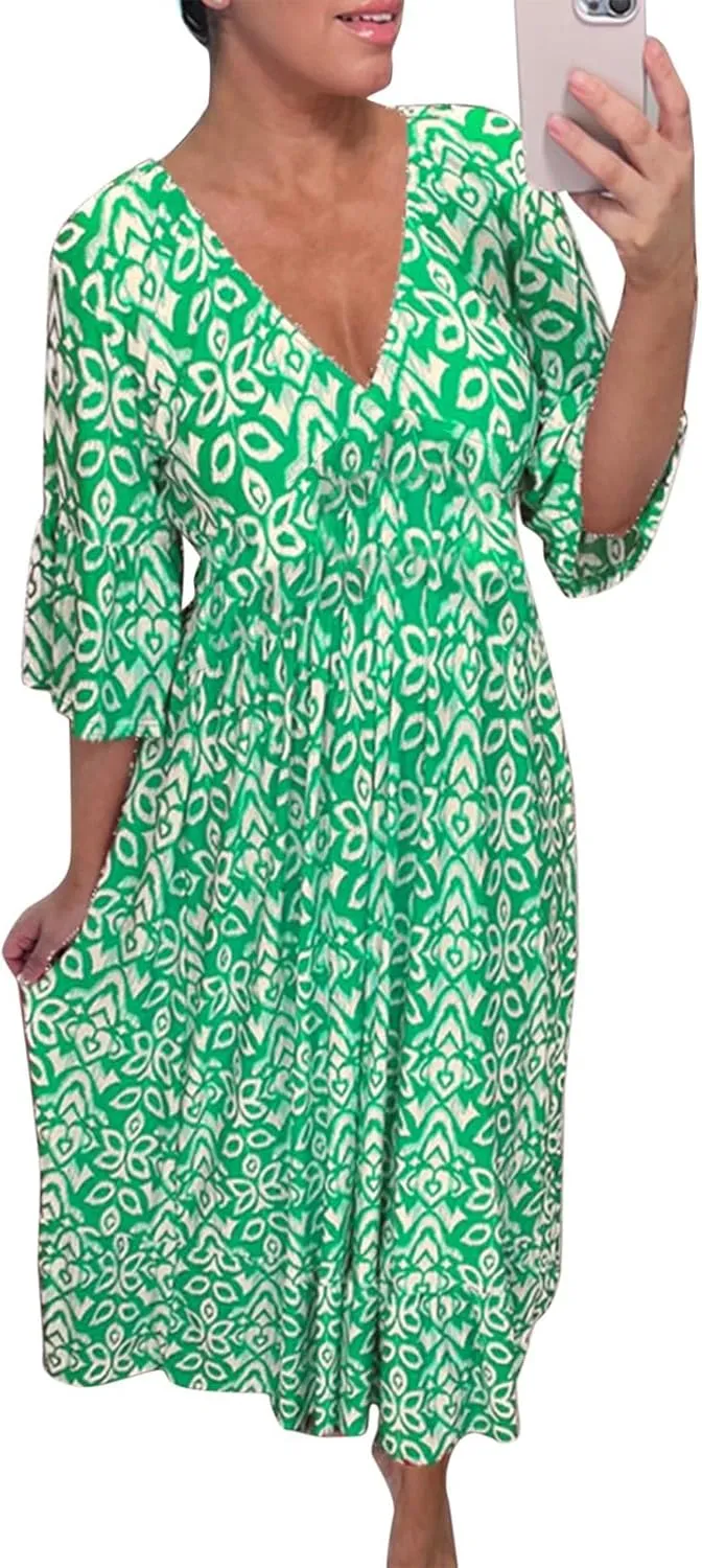 Summer Dresses for Women Boho Floral Print Dress 2025 Casual V Neck Bohemian Wrap 3/4 Sleeve High Waist Midi Dress