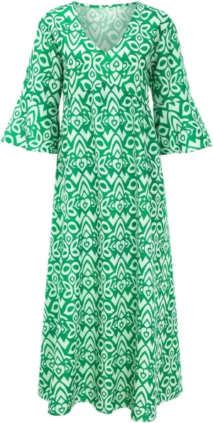 Summer Dresses for Women Boho Floral Print Dress 2025 Casual V Neck Bohemian Wrap 3/4 Sleeve High Waist Midi Dress