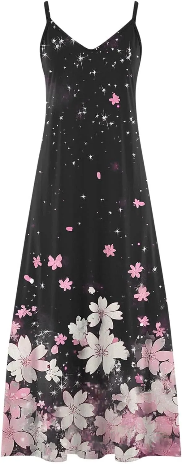 Summer Dresses for Women Casual Beach Vacation Floral Dress Spaghetti Strap Flowers Printed Maxi Dresses Sundress