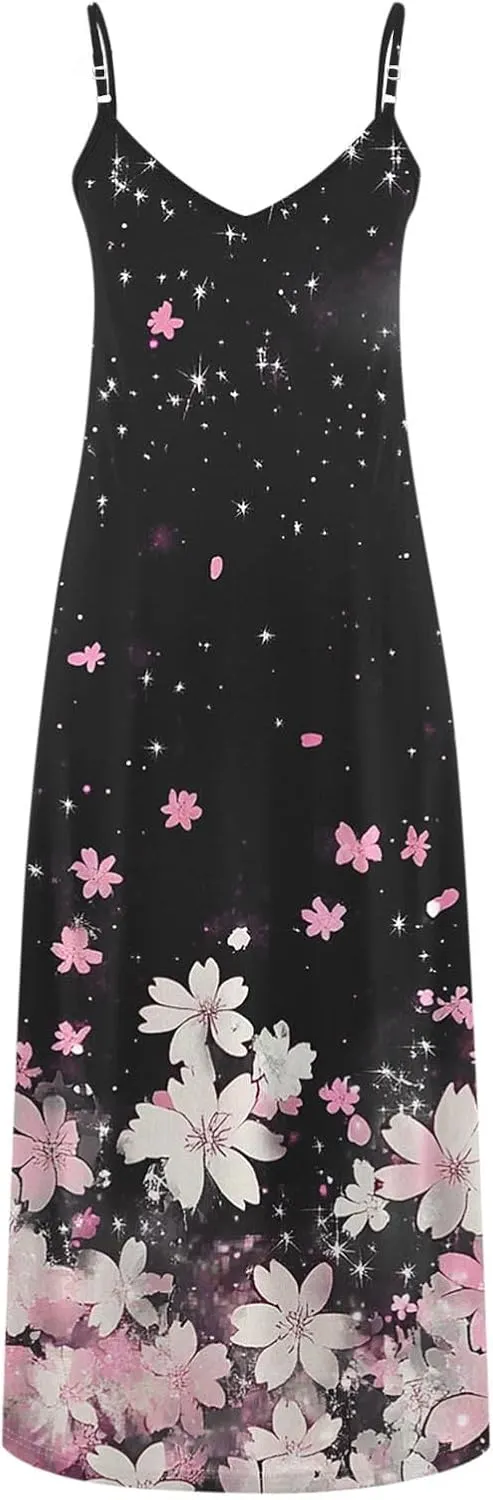 Summer Dresses for Women Casual Beach Vacation Floral Dress Spaghetti Strap Flowers Printed Maxi Dresses Sundress